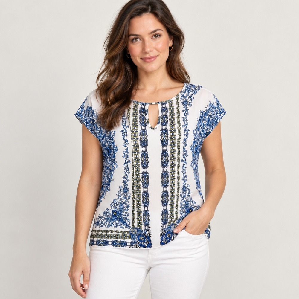 Laundry by Shelli Segal Blouse Womens 10 Blue White Baroque Cap Sleeve N5S24S30